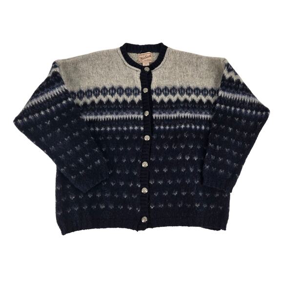 Vintage Woolrich Fair Isle Full Button Cardigan Navy Womens L Wool Blend Chunky - Picture 1 of 6